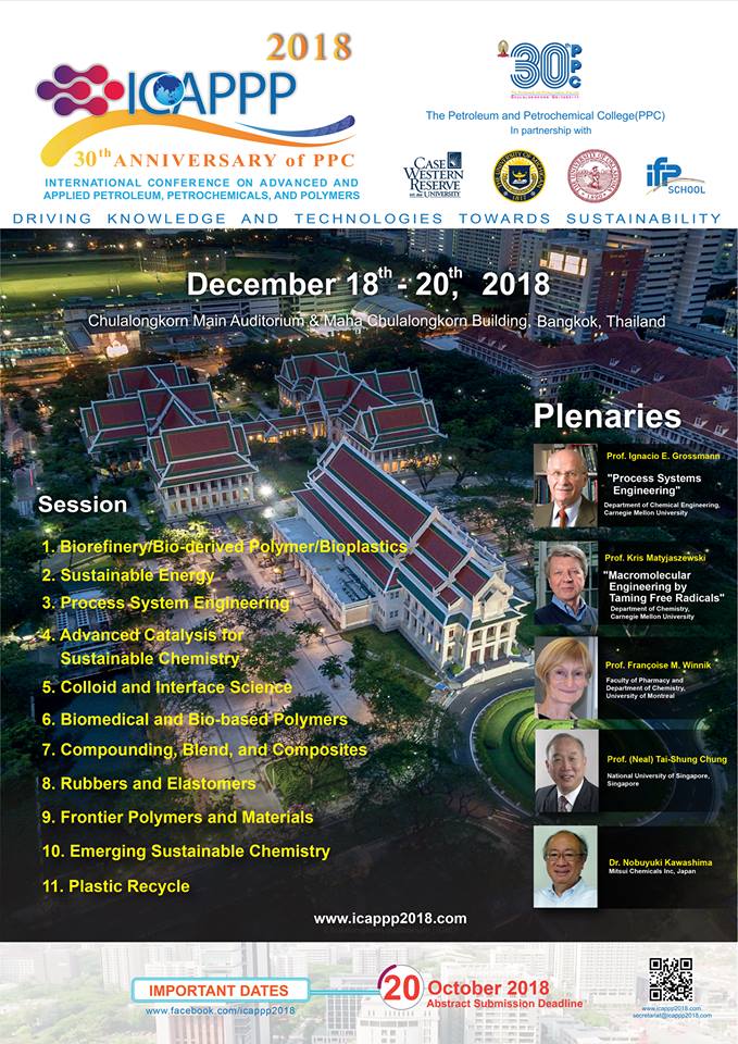 ประชุมวิชาการนานาชาติ  International Conference on Advanced and Applied Petroleum, Petrochemicals, and Polymers (ICAPPP) 2018