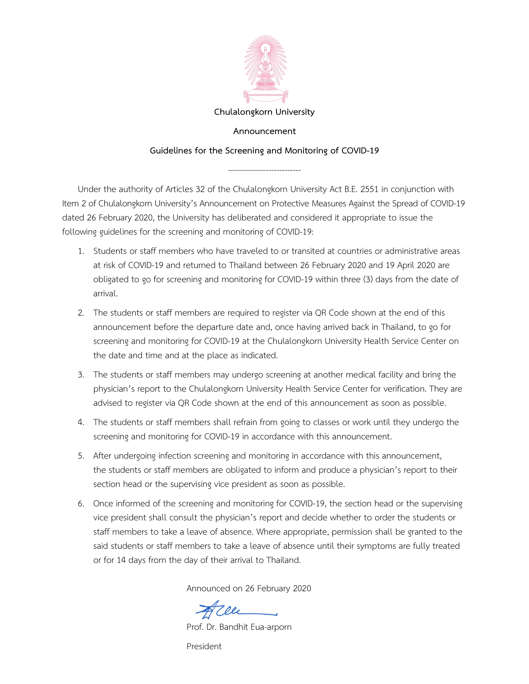 Chulalongkorn University Announcement on Guidelines for the Screening and Monitoring of COVID-19/ Protective Measures Against the Spread of COVID-19/ Names of Countries or Administrative Areas at Risk of COVID-19 Infection   (Dated 26 February 2020)