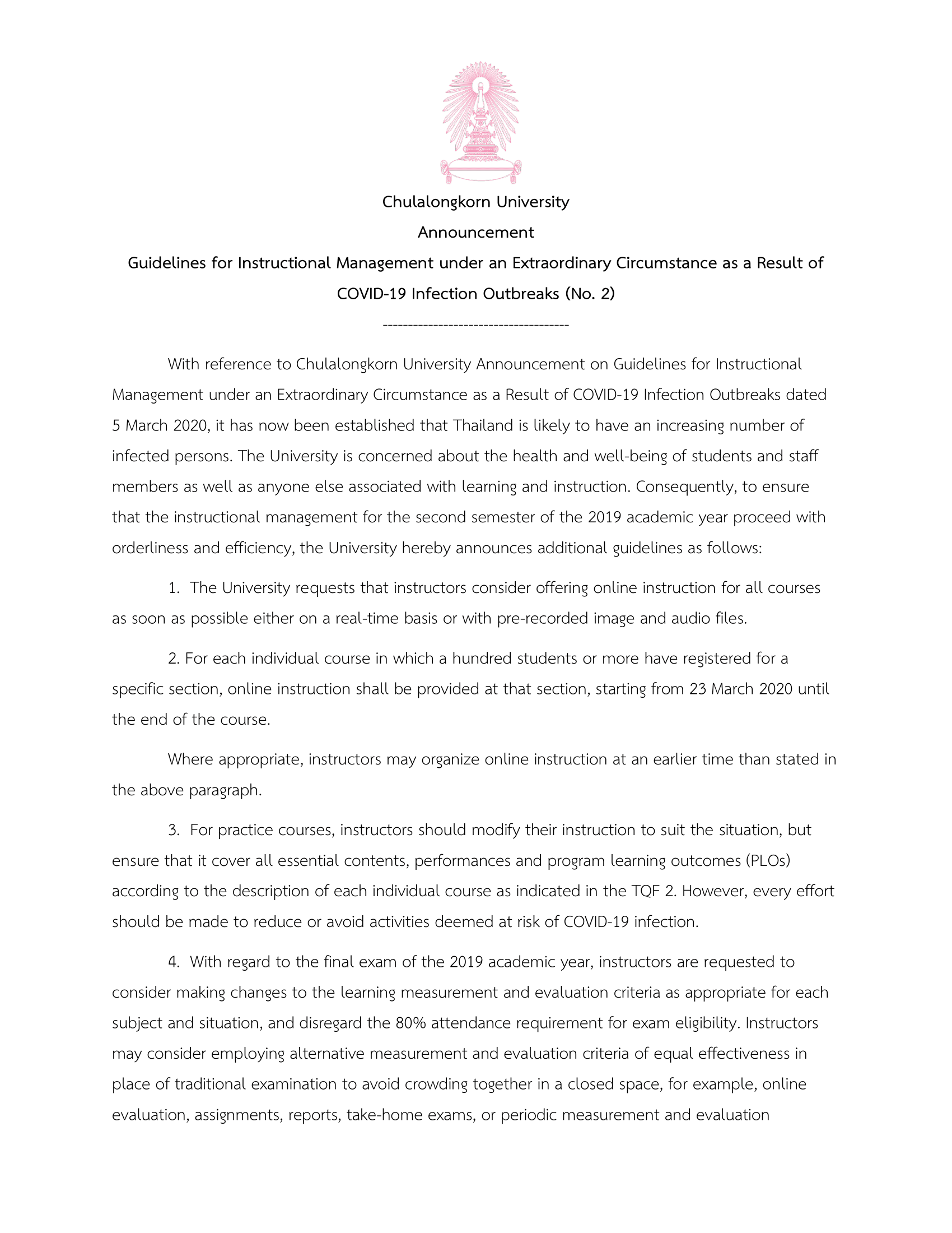 Chulalongkorn University Announcement on Guidelines for Instructional Management under an Extraordinary Circumstance as a Result of COVID-19 Infection Outbreaks (No. 2) (Dated 12 March 2020)