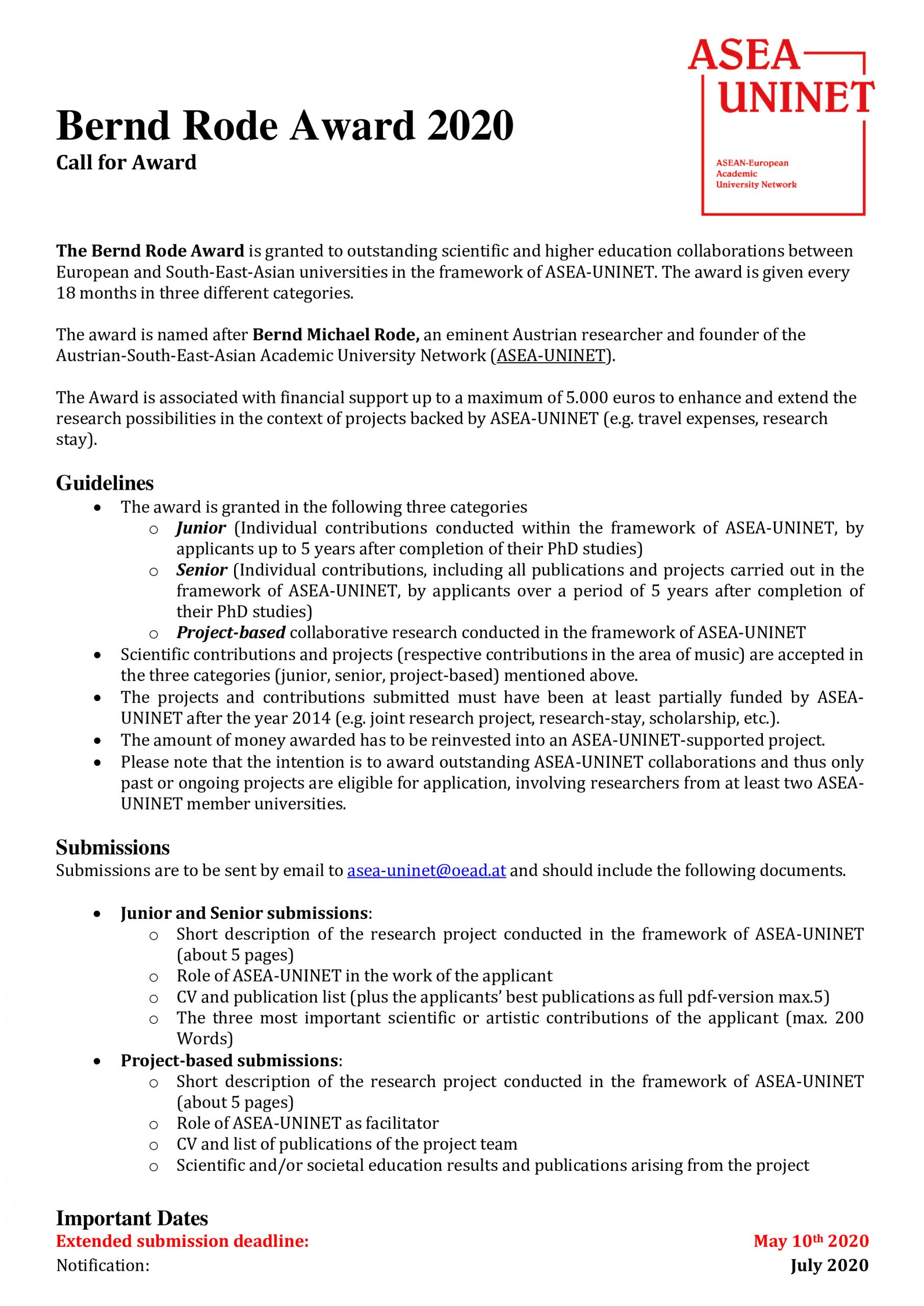 Call for Award: The Bernd Rode Award 2020 supported by the ASEA-UNINET Deadline May 10th 2020