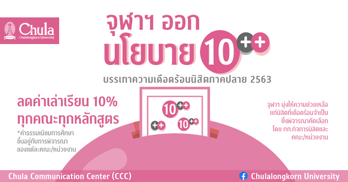 จุฬาฯ ออกนโยบาย 10 พลัส พลัส ลดค่าเล่าเรียน มอบทุน และให้ความช่วยเหลือนิสิต ที่ได้รับผลกระทบจาก COVID – 19 ระลอก 2