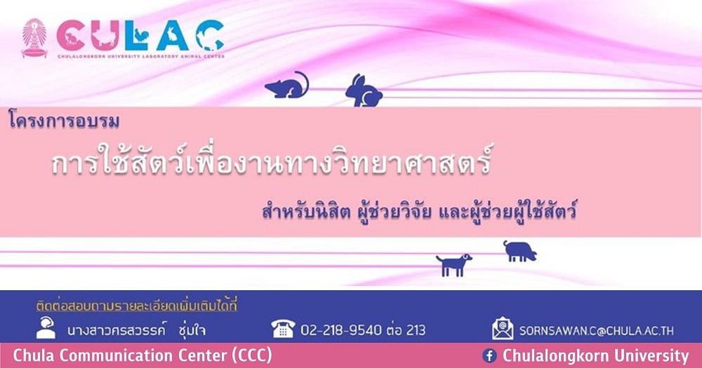 ศูนย์สัตว์ทดลอง จุฬาฯ จัดอบรม “การใช้สัตว์เพื่องานทางวิทยาศาสตร์ สำหรับนิสิต ผู้ช่วยวิจัย และผู้ช่วยผู้ใช้สัตว์”