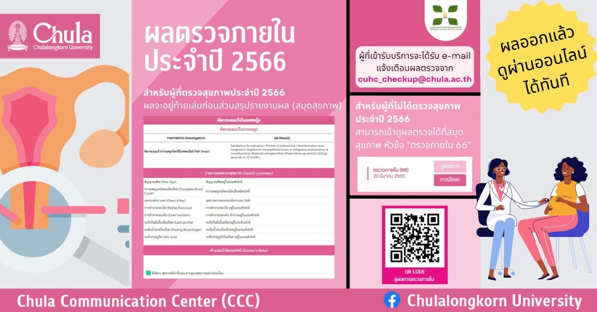 บุคลากรจุฬาฯ ดูผลตรวจสุขภาพภายในของสุภาพสตรี ประจำปี 2566 ทางออนไลน์ได้แล้ว