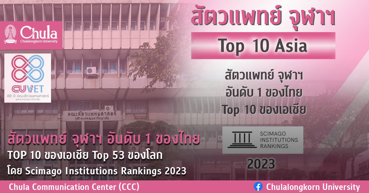 สัตวแพทย์ จุฬาฯ อันดับ 1 ของไทย TOP 10 ของเอเชีย Top 53 ของโลก โดย Scimago Institutions Rankings 2023