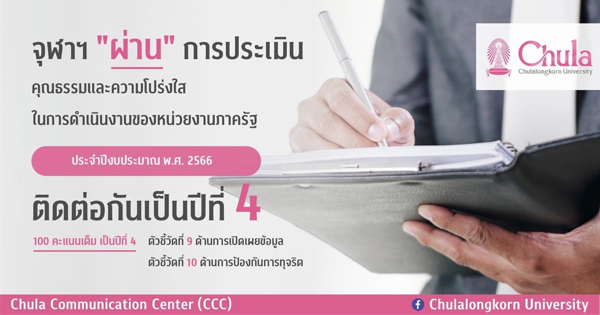 จุฬาฯ “ผ่าน” การประเมินคุณธรรมและความโปร่งใสในการดำเนินงานของหน่วยงานภาครัฐ ประจำปี 2566 ติดต่อกันเป็นปีที่ 4 ได้ 100 คะแนนเต็มใน 2 ตัวชี้วัด