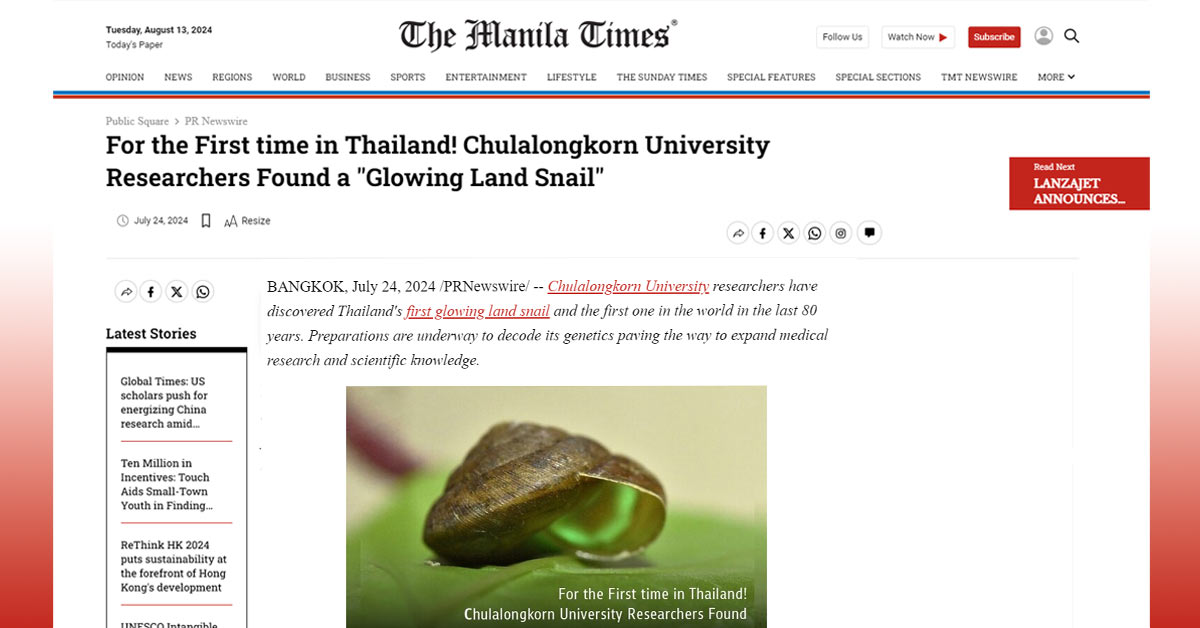 [The Manila Times] For the First time in Thailand! Chulalongkorn University Researchers Found a “Glowing Land Snail”