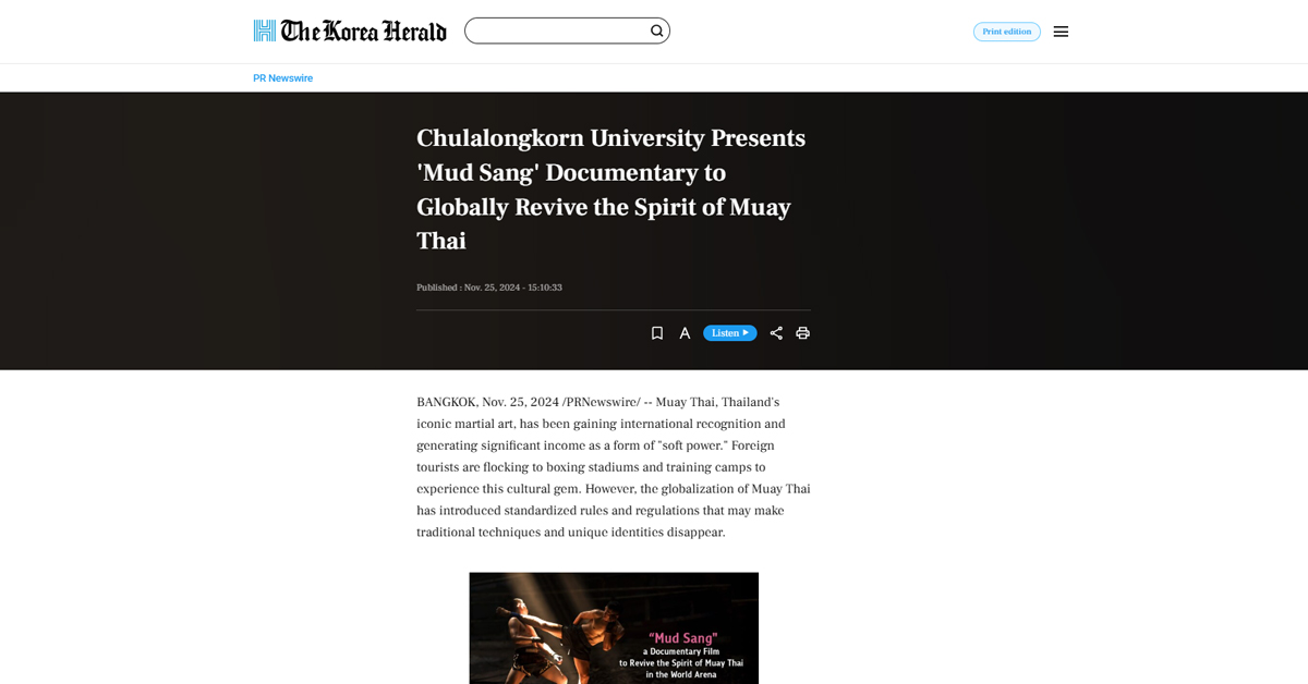 [The Korea Herald] Chulalongkorn University Presents ‘Mud Sang’ Documentary to Globally Revive the Spirit of Muay Thai