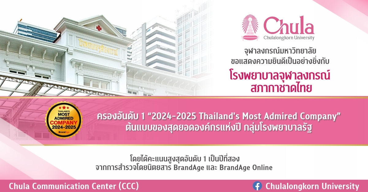 โรงพยาบาลจุฬาลงกรณ์ สภากาชาดไทย ได้รับคะแนนสูงสุด ลำดับที่ 1 2024-2025 Thailand’s Most Admired Company กลุ่มโรงพยาบาลรัฐ
