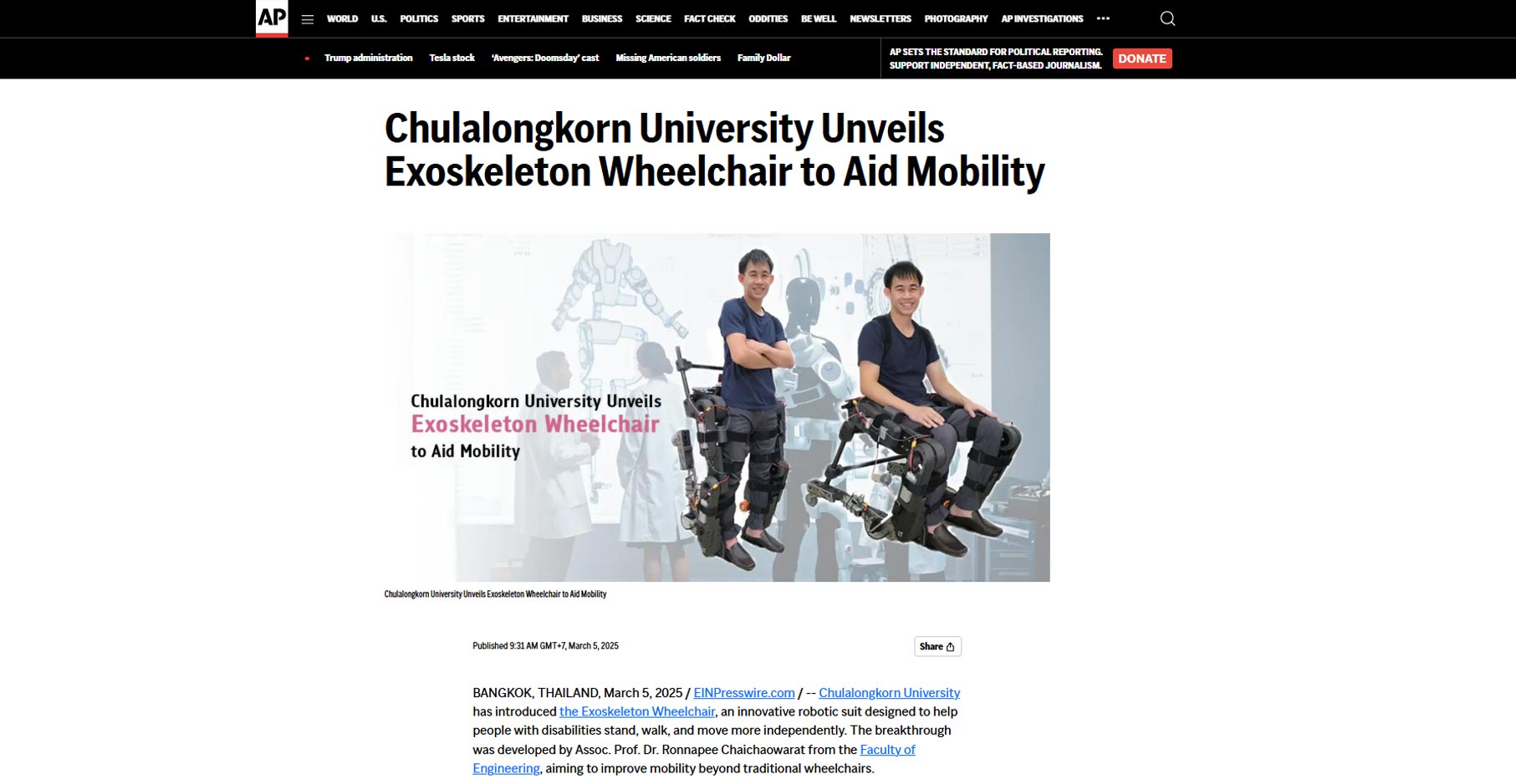 [AP News] Chulalongkorn University Unveils Exoskeleton Wheelchair to Aid Mobility