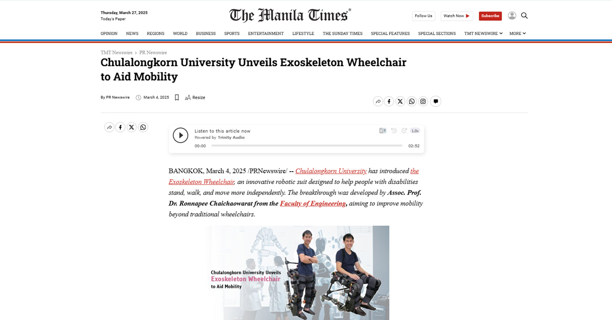 [The Manila Times] Chulalongkorn University Unveils Exoskeleton Wheelchair to Aid Mobility