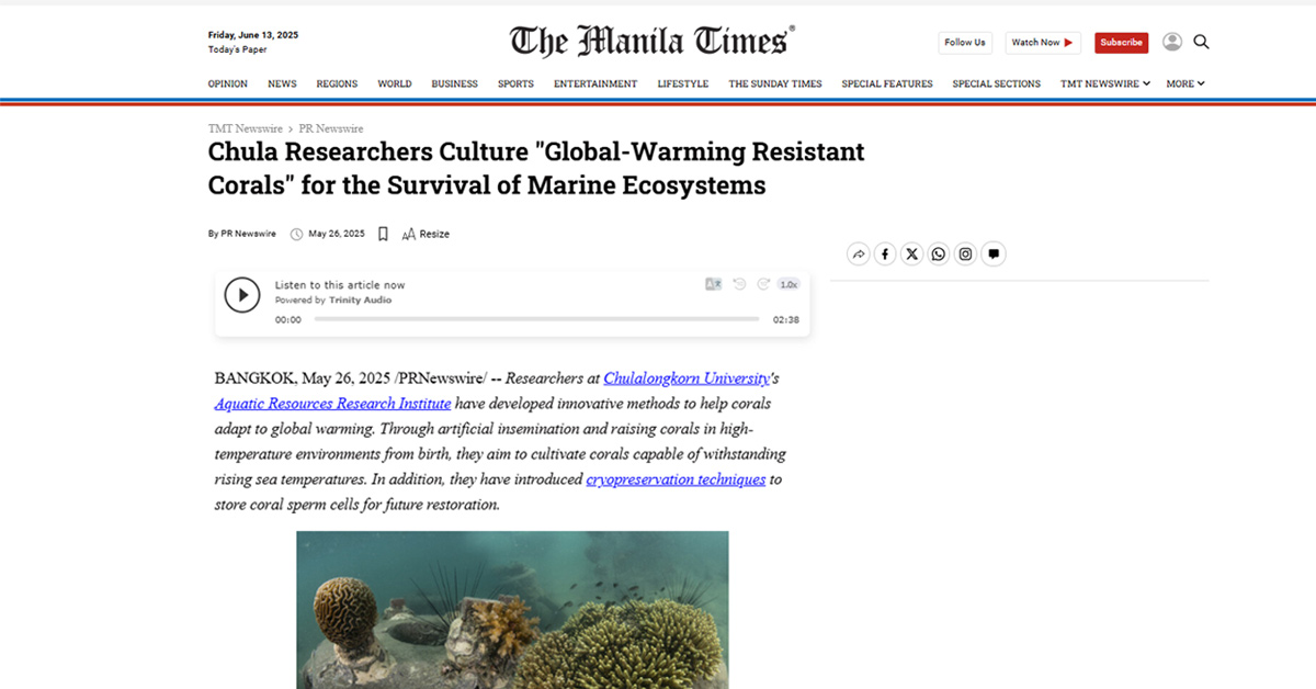 [The Manila Times] Chula Researchers Culture “Global-Warming Resistant Corals” for the Survival of Marine Ecosystems
