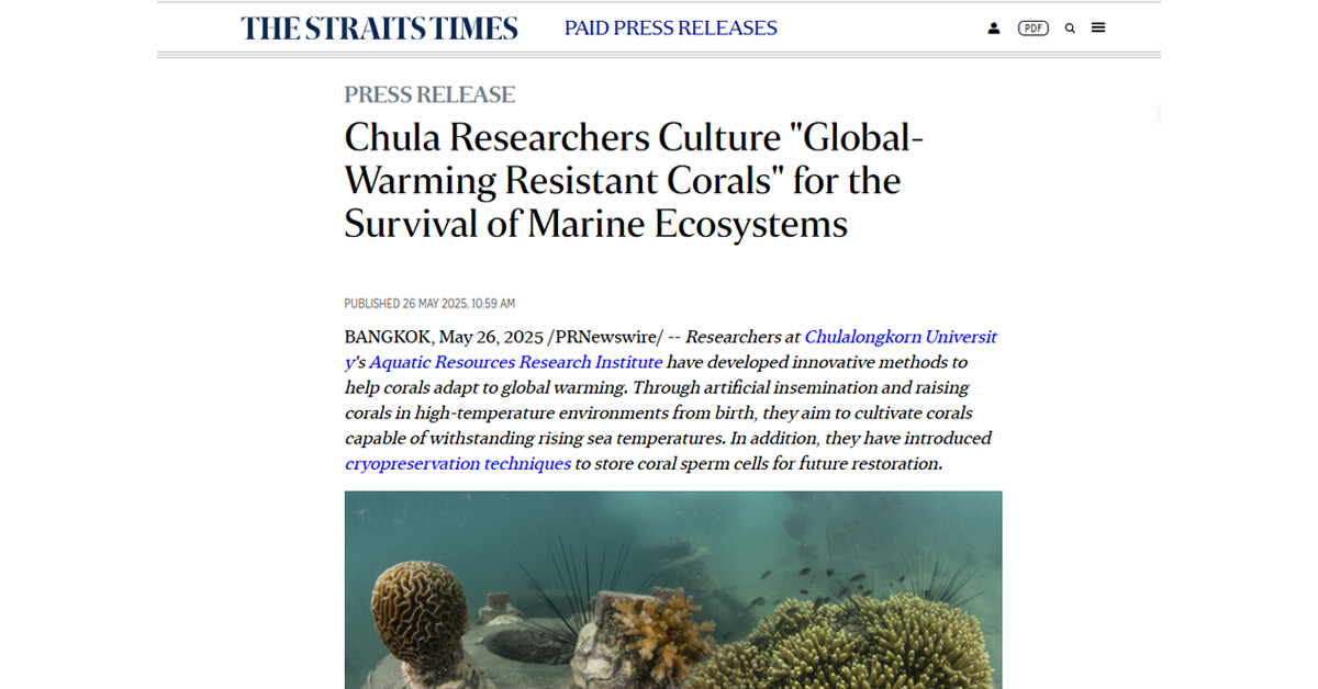 [The Straits Times] Chula Researchers Culture “Global-Warming Resistant Corals” for the Survival of Marine Ecosystems
