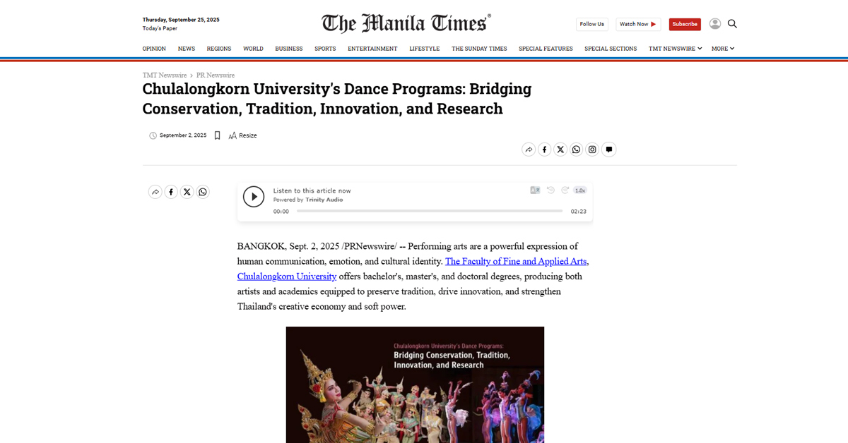 [The Manila Times] Chulalongkorn University’s Dance Programs: Bridging Conservation, Tradition, Innovation, and Research