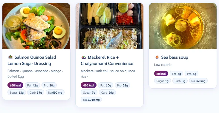 Salmon & Quinoa Salad with Sugar-Reduced Palm Lemon Dressing, Grilled Mackerel Rice with Enzyme-Crafted Chaya Umami Consomm��, Seabass Soup
