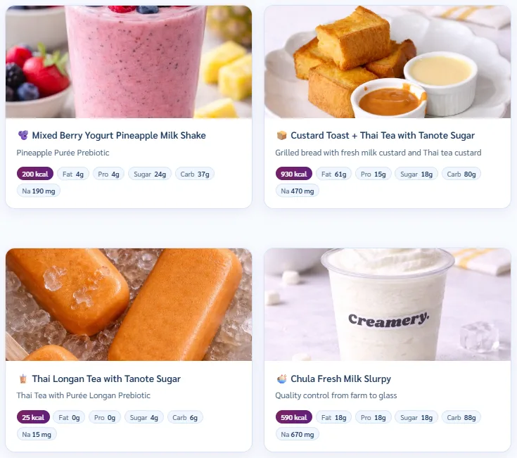 Mixed Berry Yogurt Shake with Sugar-Reduced Pineapple Pur��e,? Toasted Bread with Coconut Custard & Thai Tea Custard in Sugar-Reduced Palm Syrup, Thai Tea Ice Cream with Sugar-Reduced Longan Pur��e & Palm Syrup, Chula Fresh Milk Slurpy