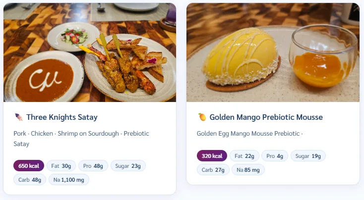 Three Knights Satay with Enzyme-crafted Chaya Umami and Palm Sugar-Reduced Peanut Sauce served with Sourdough and Golden?Sugar-Reduced Mango?Puree Mousse