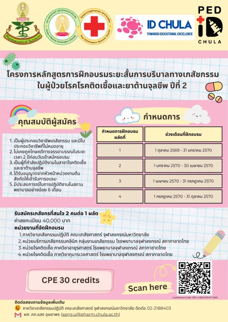 โครงการหลักสูตรการฝึกอบรมระยะสั้นการบริบาลทางเภสัชกรรมในผู้ป่วยโรคติดเชื้อและยาต้านจุลชีพ (ปีที่ 2) 