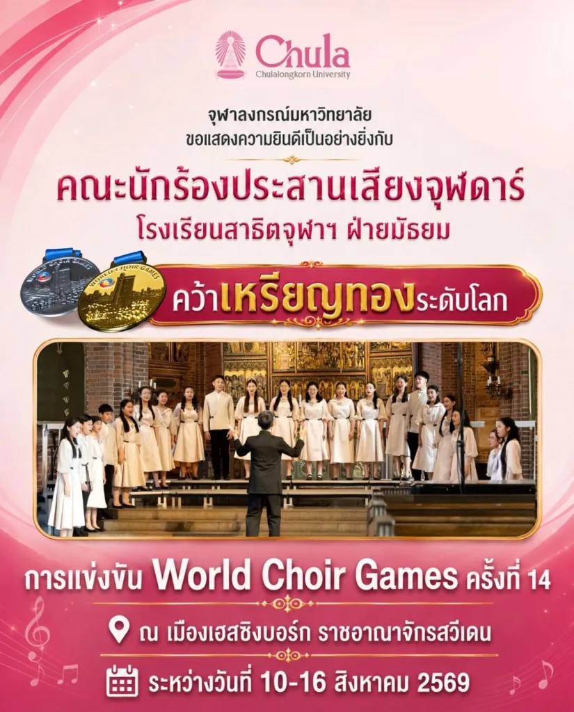Chulada Choir of Chulalongkorn University Demonstration Secondary School Wins Gold Medal at 14th World Choir Games in Sweden